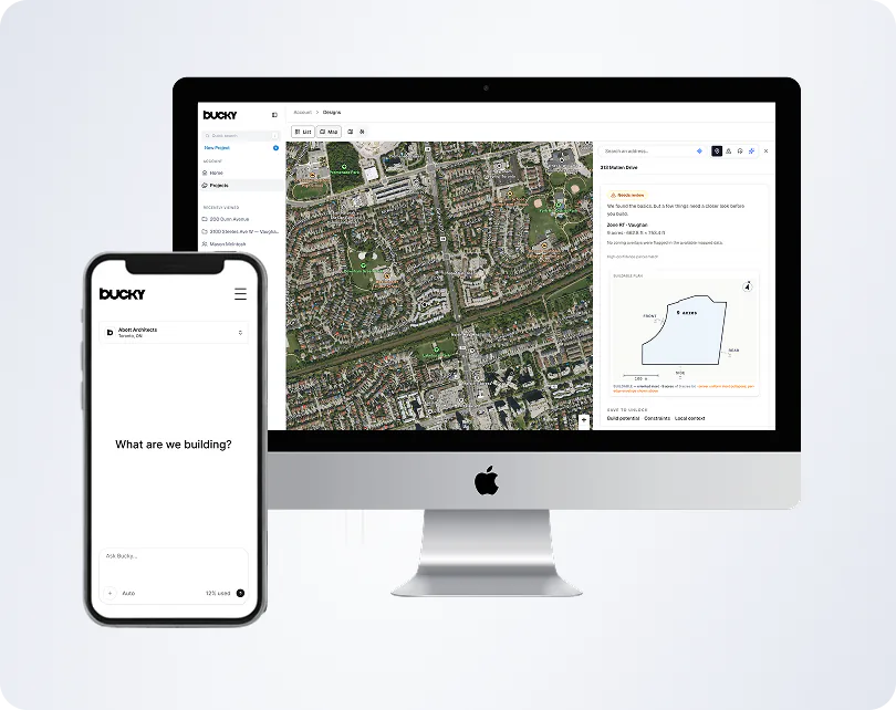 Bucky open on a desktop, showing a satellite site map beside a buildable-plan panel, with Ask Bucky on a phone next to it